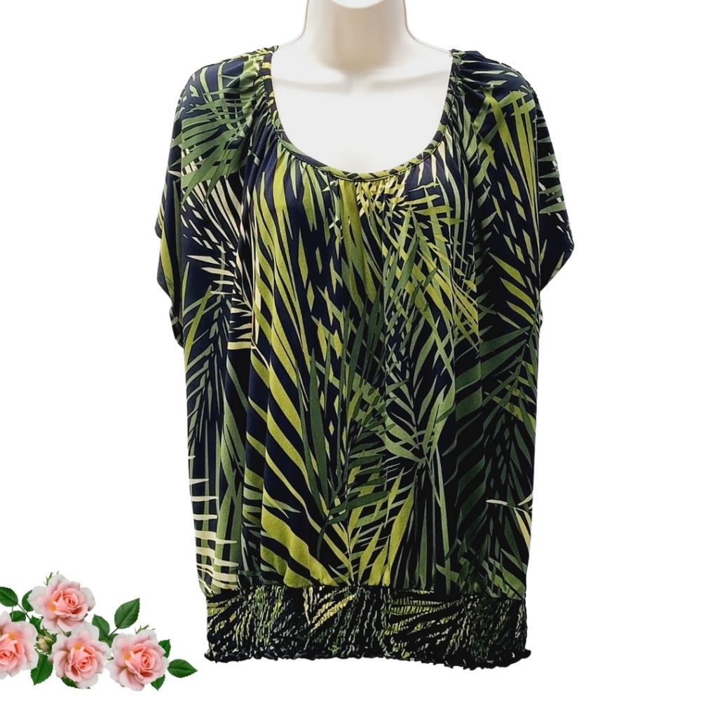 Apt 9 Soft Tropical Palm Leaves Cap Sleeve Elastic Hem Green Women's Size Lg
